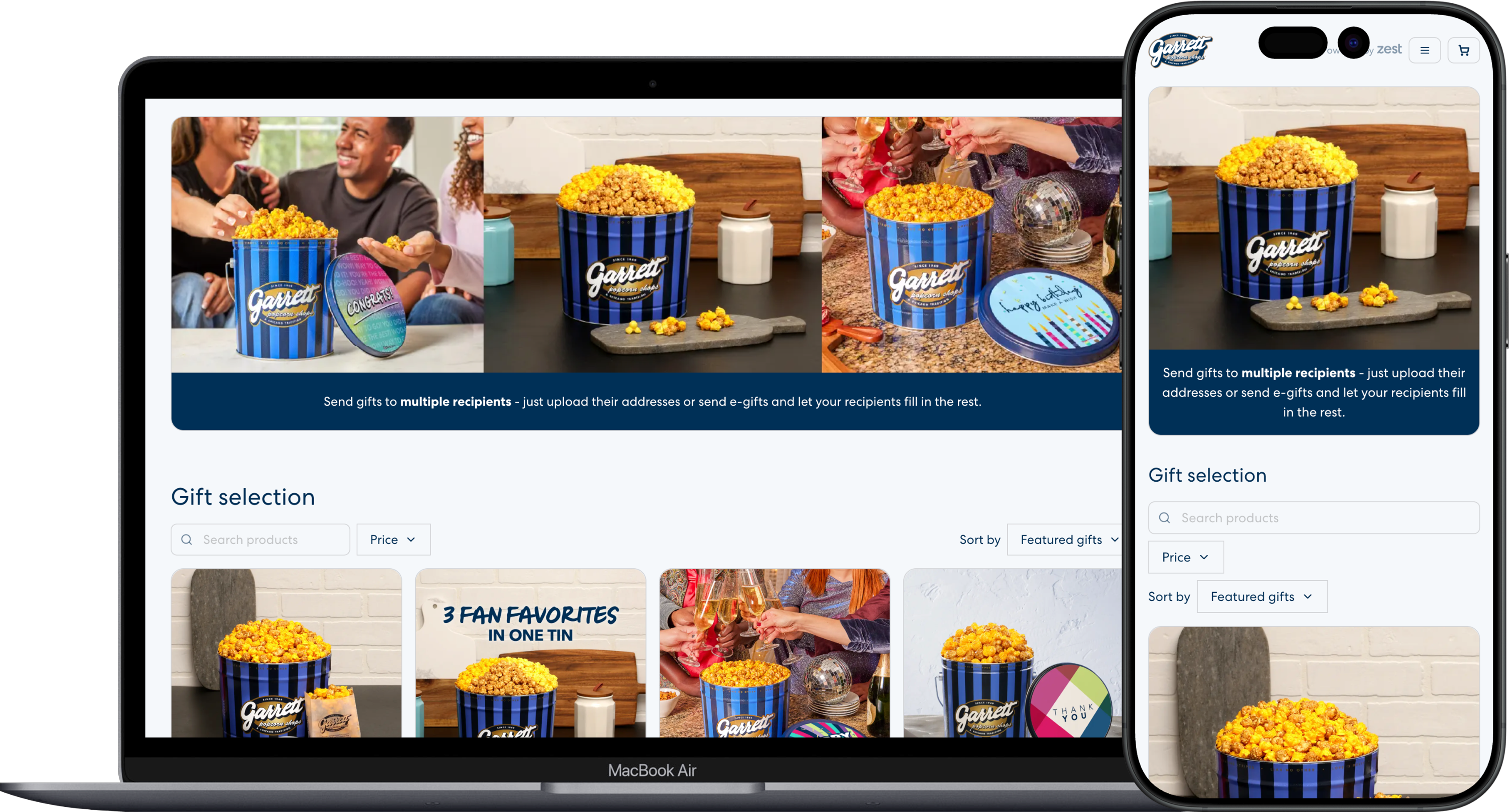 Desktop and mobile view of gifts.garrettpopcorn.com.