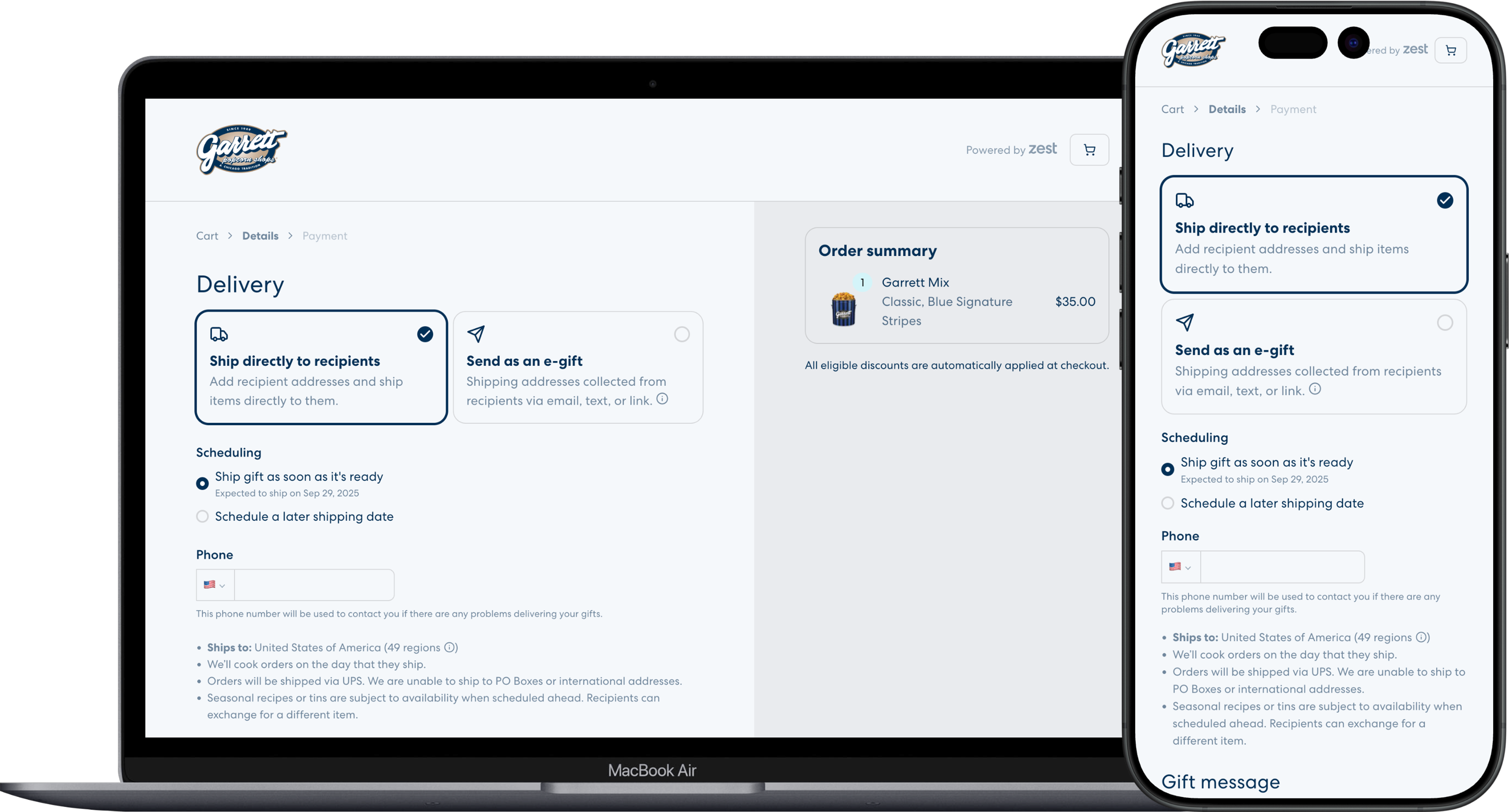 Desktop and mobile view of gift delivery and scheduling options.