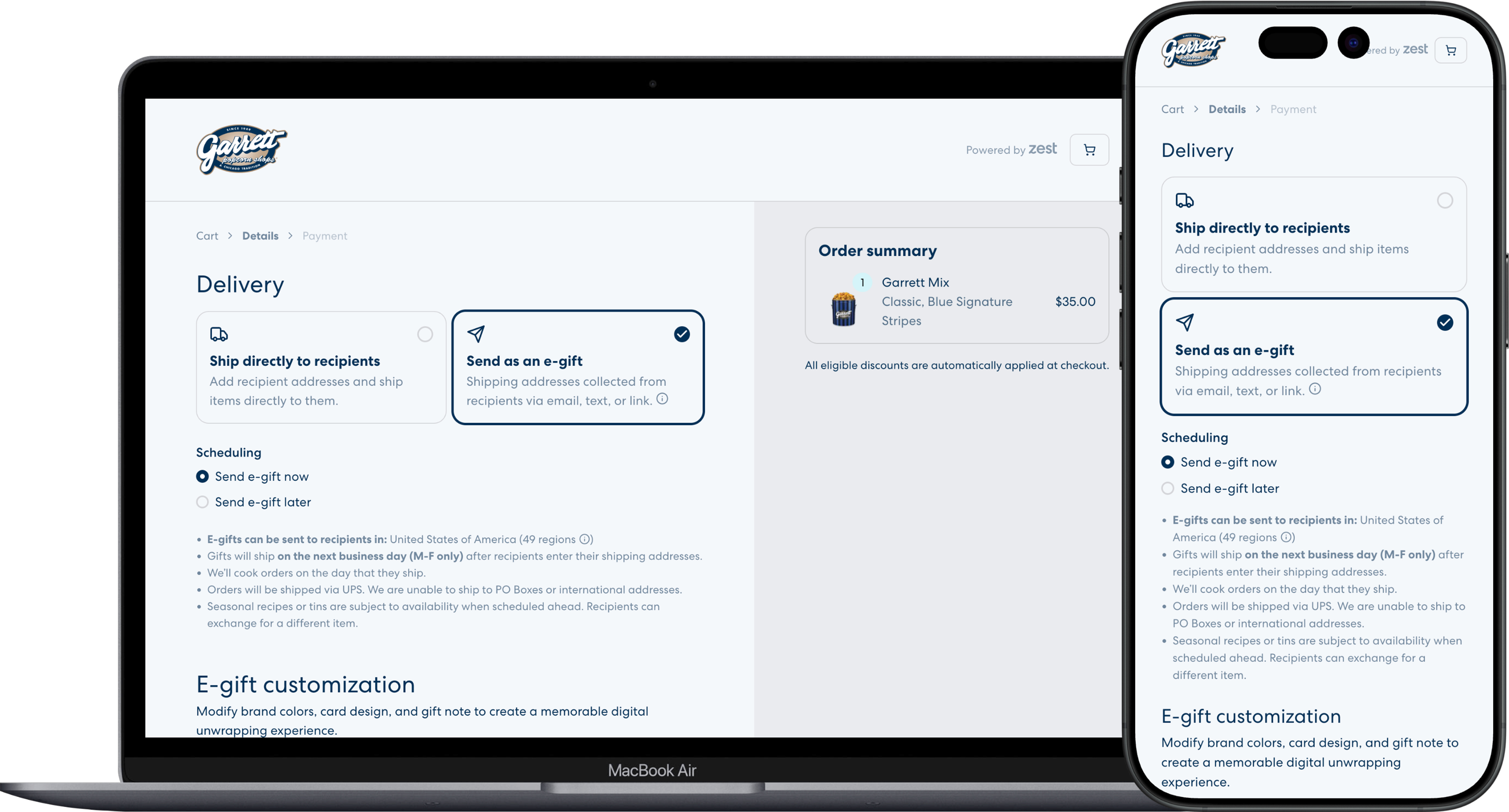 Desktop and mobile view of e-gift delivery option.