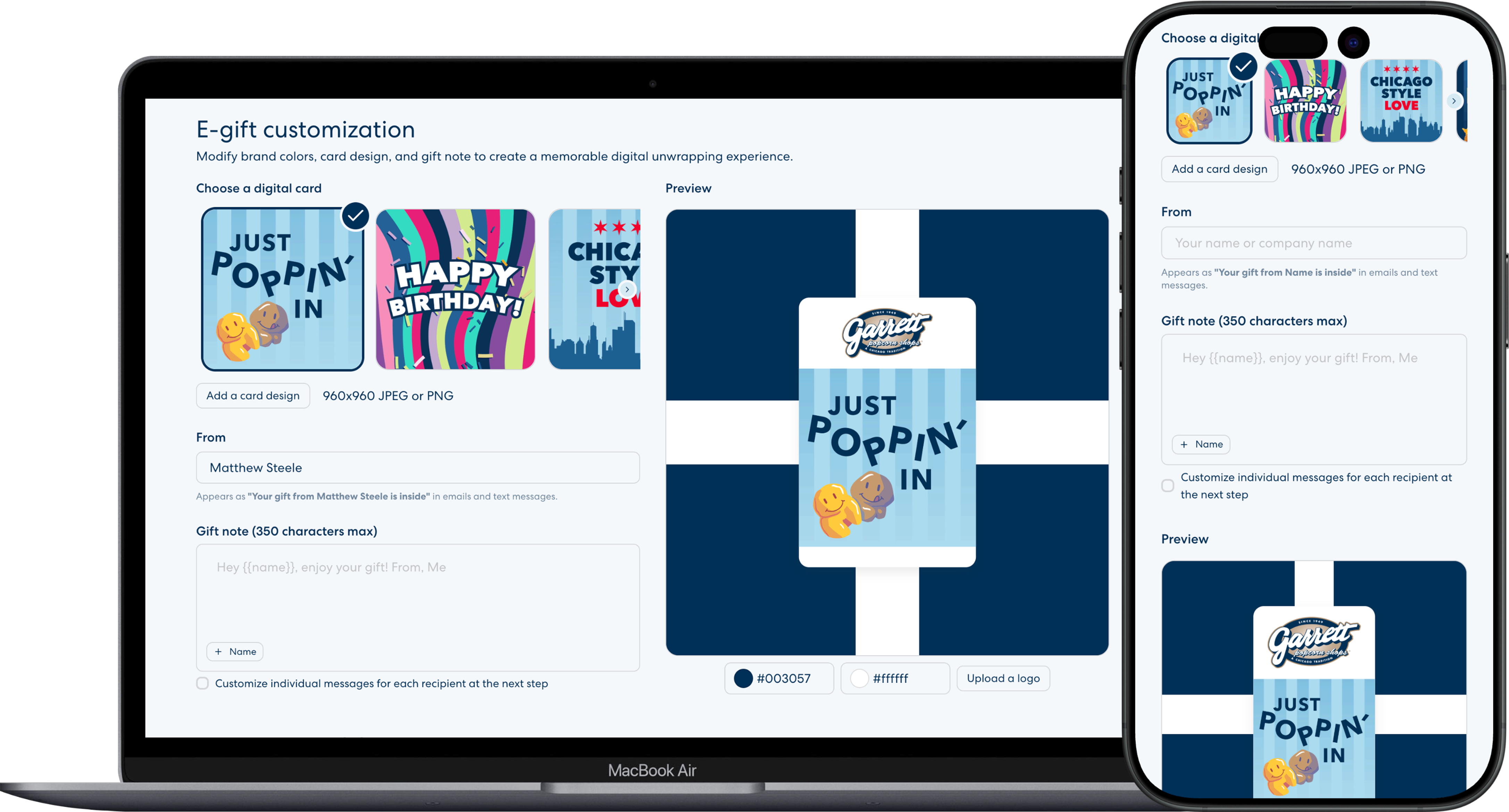 Desktop and mobile view of e-gift customization.